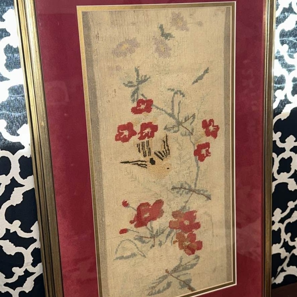 Floral Embroidered Wall Art in Red Frame